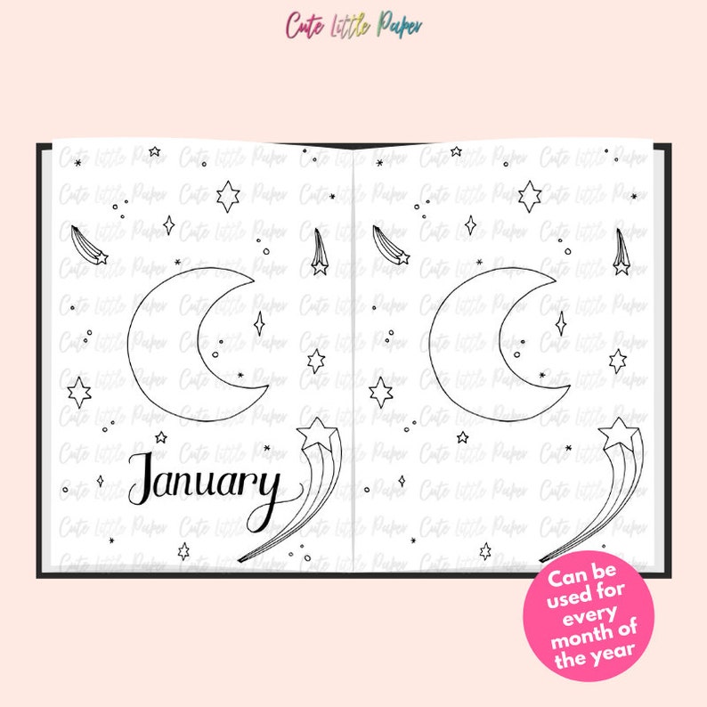 BuJo Monthly Spread Pages. Printable Bullet Journal Templates. January Bullet Journal Stars Theme. image 2