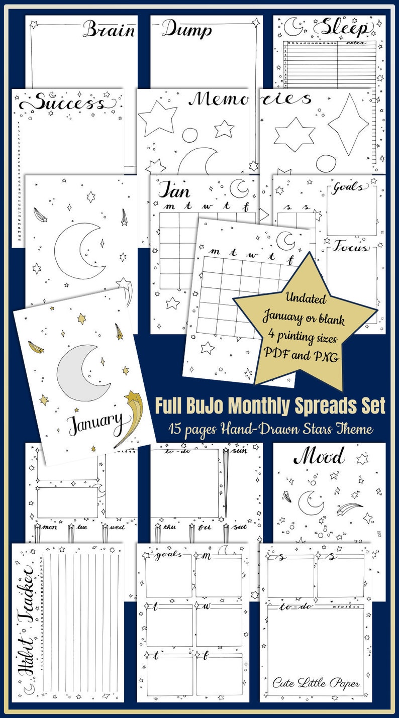 BuJo Monthly Spread Pages. Printable Bullet Journal Templates. January Bullet Journal Stars Theme. image 10