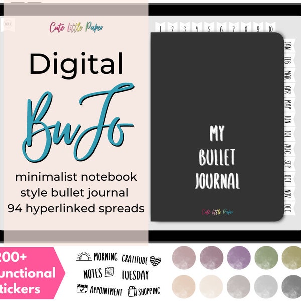 Digital Bullet Journal With 200+ Stickers Set. Minimalist Dotted Notebook Style BuJo In Landscape Orientation, Neutral Color PNG Stickers.