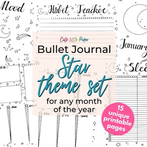 BuJo Monthly Spread Pages. Printable Bullet Journal Templates. January Bullet Journal Stars Theme.