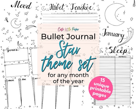 Bujo Monthly Spread Pages. Printable Bullet Journal Templates. January  Bullet Journal Stars Theme. 