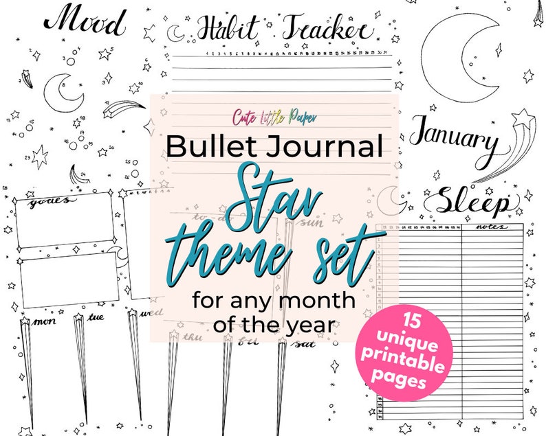 BuJo Monthly Spread Pages. Printable Bullet Journal Templates. January Bullet Journal Stars Theme. image 1