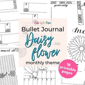 Bullet Journal Daisy Flower Theme Monthly Set. Printable Bullet Journal Pages. BuJo Monthly Spreads. Printable BuJo Templates.