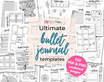 Pages modèles ultimes de Bullet Journal. 130 pages BuJo imprimables non datées, pages mensuelles et hebdomadaires, trackers et ensemble de pages de collection BuJo.