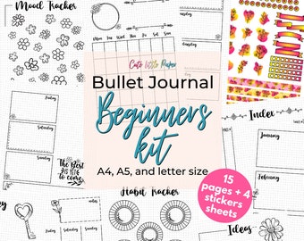 Kit pour débutants du Bullet Journal. Feuilles d’autocollants imprimables et 15 modèles de pages BuJo. Ensemble à thème floral.