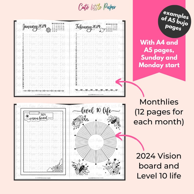 2024 Bullet Journal Template. 40 pages printable PDF. A4 & A5. Sunday and Monday start. 2024 Planner BuJo Spreads. 2024 Bullet Journal Kit. image 3