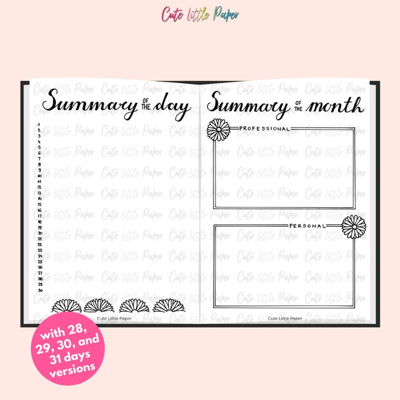 Bullet Journal Daisy Flower Theme Monthly Set. Printable Bullet Journal Pages. BuJo Monthly Spreads. Printable BuJo Templates. image 9