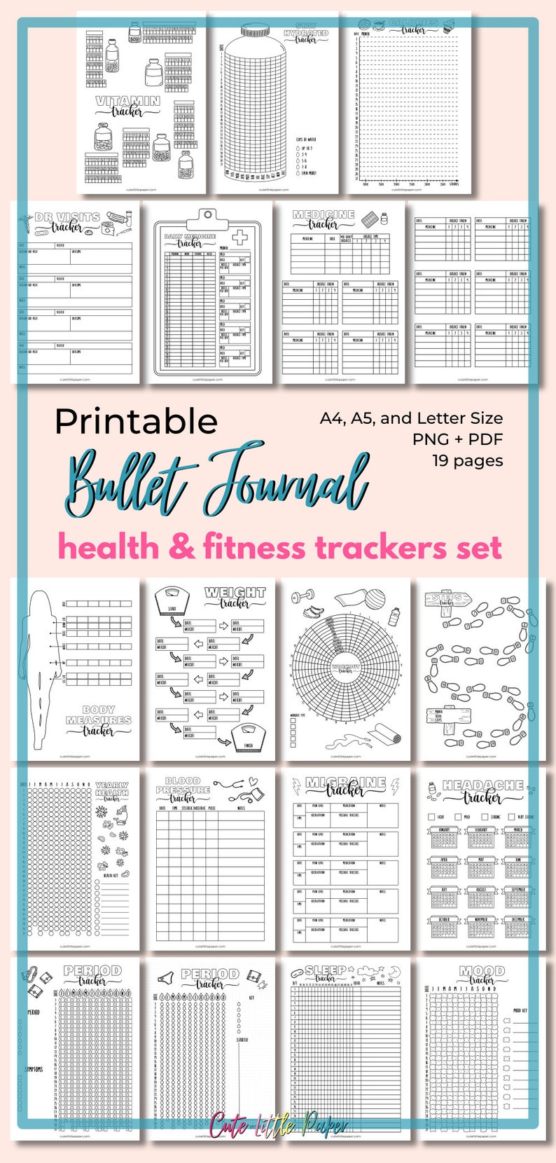 Bullet Journal Health & Fitness Trackers Set. 19 printable BuJo template pages: period, migraine, medication, weight loss, workout and MORE image 9
