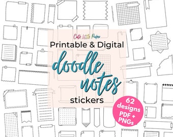 Doodle Notes Stickers. Printable & Digital Planner And BuJo Stickers. 62 Hand Drawn Designs To Decorate Your Journal Or Craft Projects.