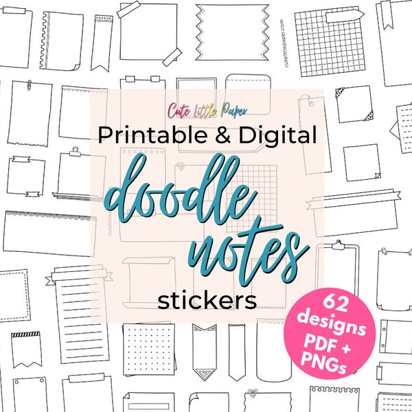 Doodle Notes Stickers. Printable & Digital Planner And BuJo Stickers. 62 Hand Drawn Designs To Decorate Your Journal Or Craft Projects.