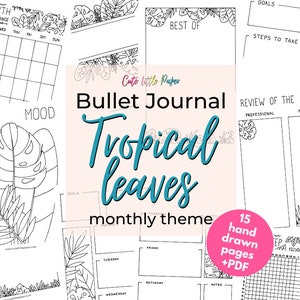 Bullet Journal Tropical Leaves Templates. Printable Bullet Journal Pages. BuJo Monthly Theme Spreads Set. BuJo Kit Digital & Printable. image 1