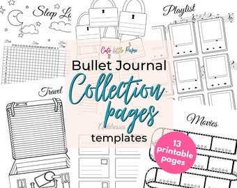 Bullet Journal Pages. Printable Bullet Journal Spreads Playlist, Movie, Book, Travel, Sleep, Mood, Password, Address, Bucket List, Self-Care