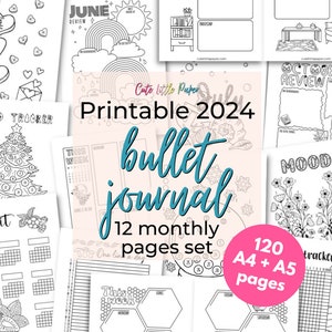 2024 Bullet Journal Monthly Pages Set. 120 printable bujo pages. Sunday and Monday start PDF. 2024 Monthly Planner Pages. 2024 Monthly BuJo. image 1