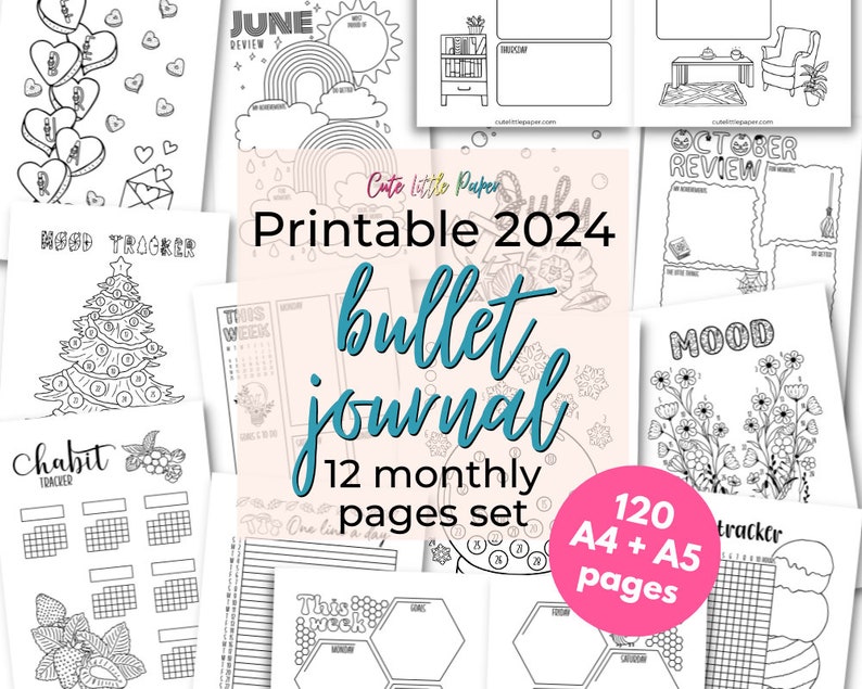 2024 Bullet Journal Monthly Pages Set. 120 printable bujo pages. Sunday and Monday start PDF. 2024 Monthly Planner Pages. 2024 Monthly BuJo. image 1