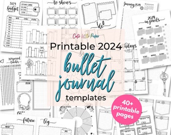 Modèle de Bullet Journal 2024. Plus de 40 pages de PDF imprimable. A4 et A5. Début dimanche et lundi. Agenda 2024 BuJo Spreads. Kit Bullet Journal 2024.