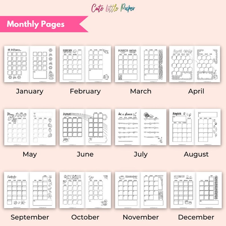 2024 Bullet Journal Monthly Pages Set. 120 printable bujo pages. Sunday and Monday start PDF. 2024 Monthly Planner Pages. 2024 Monthly BuJo. image 3