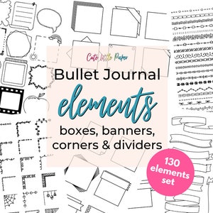 Bullet Journal Banners, Headers, Ribbons, Dividers & Boxes Stickers. 130 Printable BuJo Elements Set + Transparent PNGs For Digital Planners