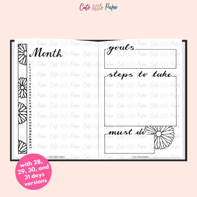 Bullet Journal Daisy Flower Theme Monthly Set. Printable Bullet Journal Pages. BuJo Monthly Spreads. Printable BuJo Templates. image 3