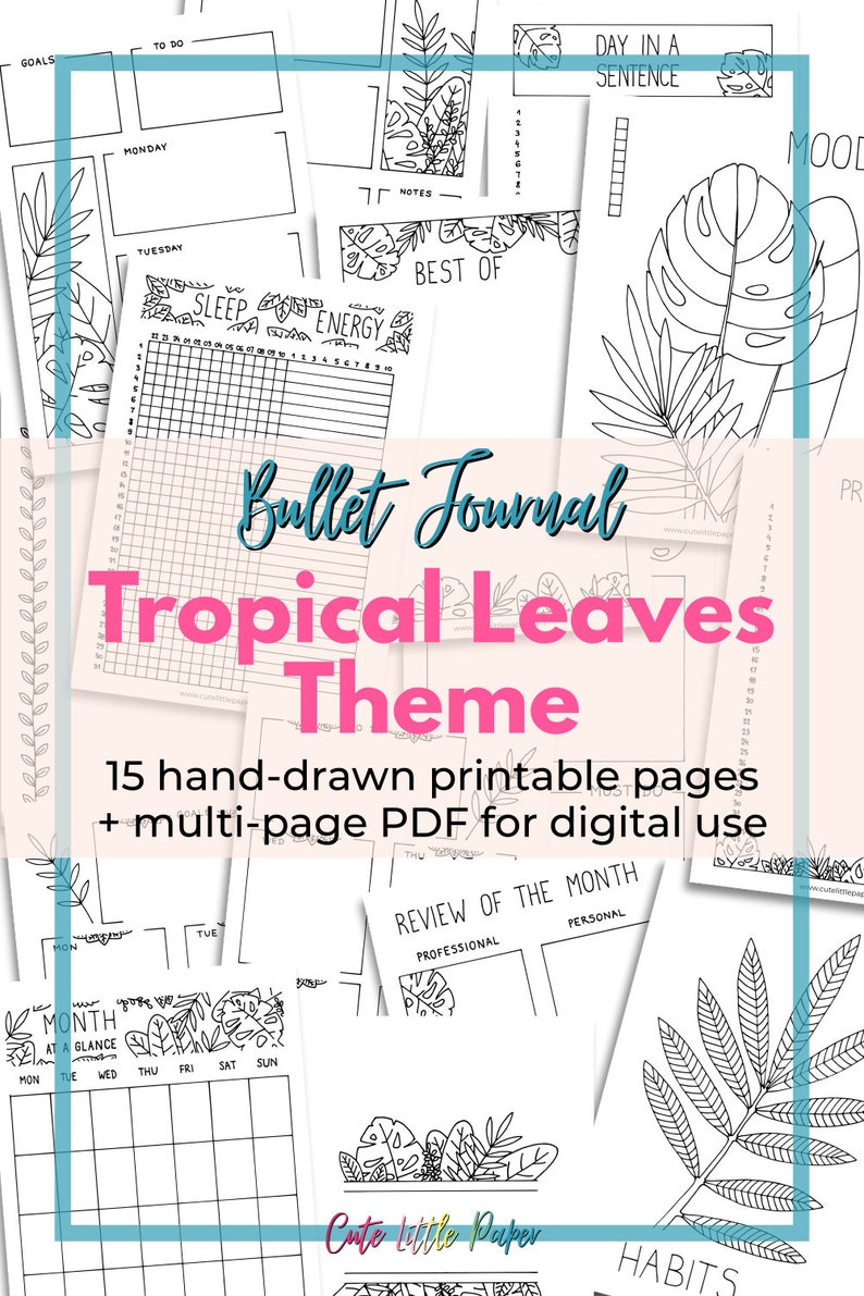 Bullet Journal Tropical Leaves Templates. Printable Bullet Journal Pages. BuJo Monthly Theme Spreads Set. BuJo Kit Digital & Printable. image 10