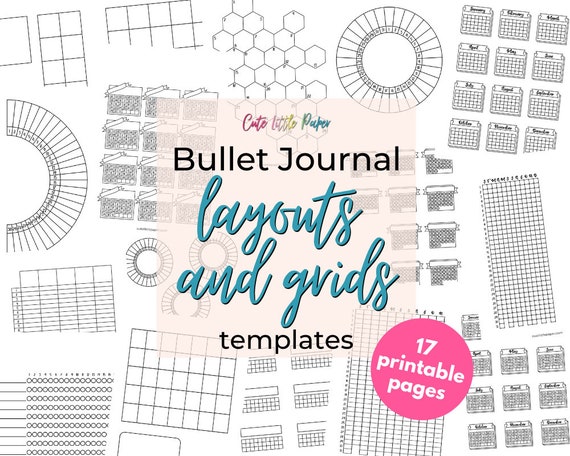 Printable Bullet Journal Templates. Blank Bujo Layouts and Grid Pages Set.  Monthly & Yearly Tracker Pages Easy to Customize and Decorate. 