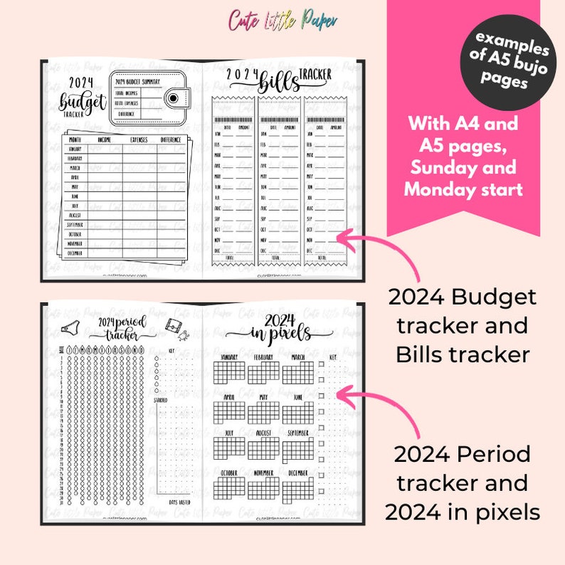 2024 Bullet Journal Template. 40 pages printable PDF. A4 & A5. Sunday and Monday start. 2024 Planner BuJo Spreads. 2024 Bullet Journal Kit. image 9