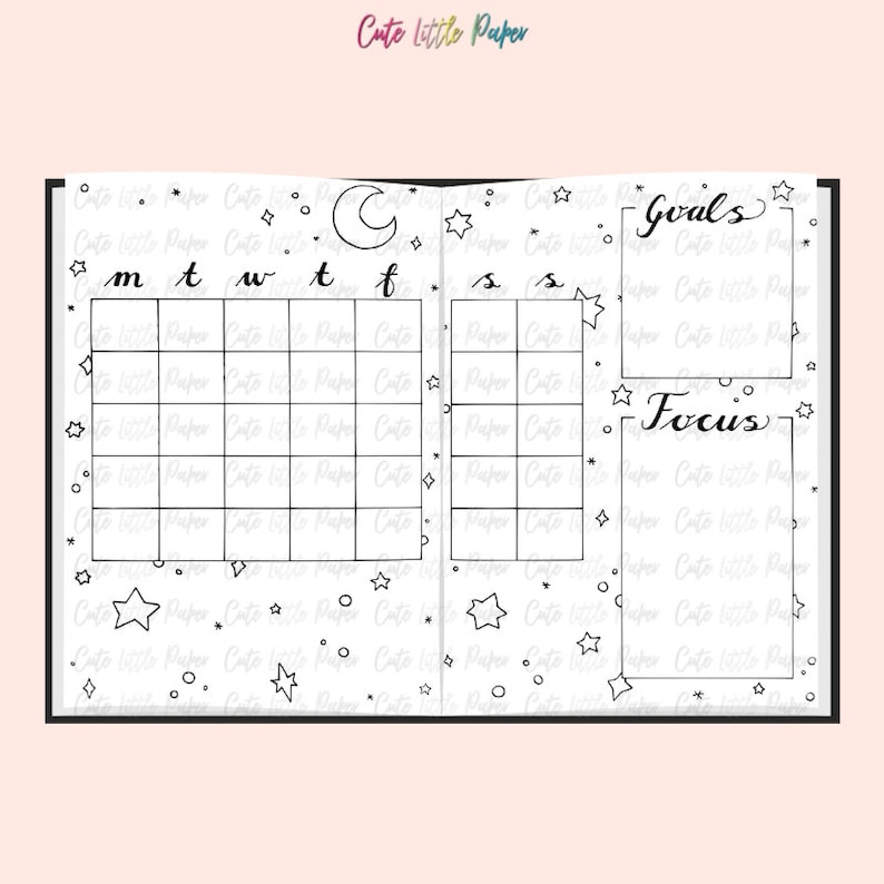 BuJo Monthly Spread Pages. Printable Bullet Journal Templates. January Bullet Journal Stars Theme. image 3