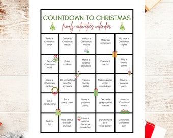 May include: A printable Christmas countdown calendar with a green tree and the words "Countdown to Christmas family activities calendar". The calendar has 25 squares with different Christmas activities listed in each square.