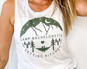 Camp Bachelorette Party Tanks | Camping Bridal Party Shirts | Getting Hitched, Getting Lit Bridesmaids Tees | Rustic, Outdoor, Hiking Gifts