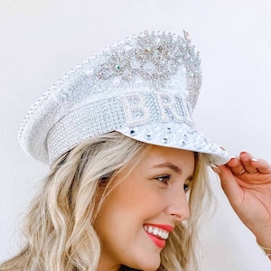 Bridal Disco Military Hat | Iridescent Silver Bachelorette Party BRIDE Captain Hat | Blingy Sequins Pearls Jewels Rhinestones Veil Headband