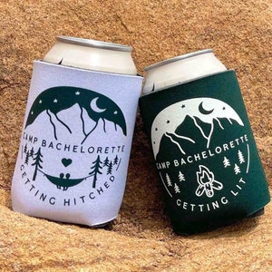 Camp Bachelorette Can Coolers | Camping, Hiking, Cabin Can Coozies | Bridal Party Drink Sleeves, Cozies | Bridesmaids Gifts, Favors, Decor