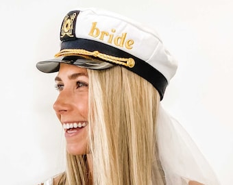 Captain Hat Bride Veil | Bachelorette Party Embroidered Nautical Sailor Caps | Beach, Boat, Lake Bridesmaids Gifts | Yacht Bridal Veil