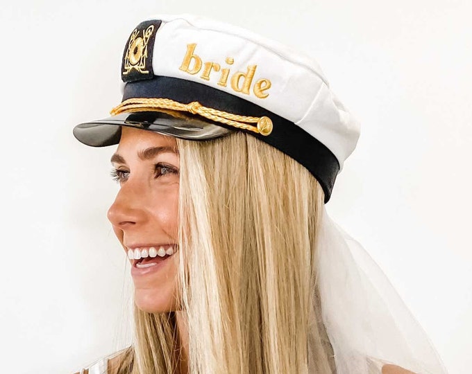 Captain Hat Bride Veil | Bachelorette Party Embroidered Nautical Sailor Caps | Beach, Boat, Lake Bridesmaids Gifts | Yacht Bridal Veil