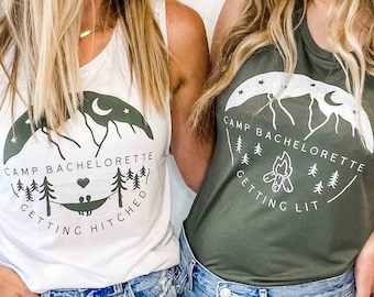 Camp Bachelorette Party Tanks | Camping Bridal Party Shirts | Getting Hitched, Getting Lit Bridesmaids Tees | Rustic, Outdoor, Hiking Gifts