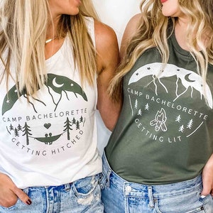 Camp Bachelorette Party Tanks Camping Bridal Party Shirts Getting Hitched, Getting Lit Bridesmaids Tees Rustic, Outdoor, Hiking Gifts image 1