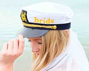Bachelorette Captain Hat Bride Veil | Embroidered Nautical Wedding Sailor Hat | Beach, Boat, Lake Bridesmaids Gifts Yacht Bridal Veil Decor