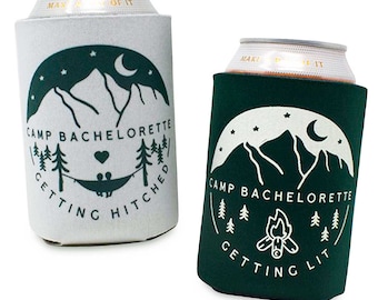 Camp Bachelorette Can Coolers | Camping, Hiking, Cabin Can Coozies | Bridal Party Drink Sleeves, Cozies | Bridesmaids Gifts, Favors, Decor