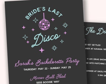 Bride's Last Disco Customizeable Party Invitation Template | Bachelorette Printable Editable Instant Download | Invitations with Itinerary