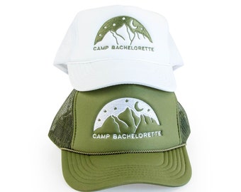 Embroidered Camp Bachelorette Trucker Hats | Outdoor, Camping Bridal Party Gifts, Bridesmaids Accessories | 1990s Foam Mesh Snapback Caps