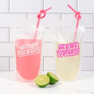 1990s Bachelorette Party Drink Pouches | Reusable Bridesmaid Booze Bag with Straw | Wife Of The Party Nineties Retro Party Gifts Favors