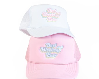 Embroidered Bachelorette Party Trucker Hats | Pastel Best Weekend Ever Bridesmaids Gifts Accessories Decor | 1990s Foam Mesh Snapback Caps