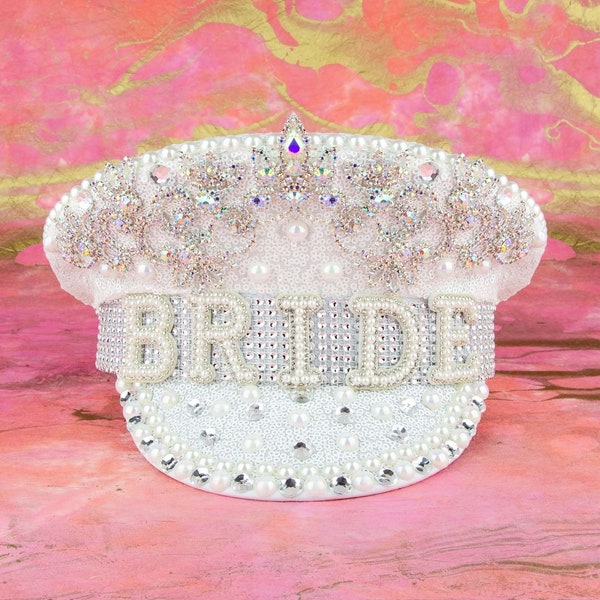 Bridal Disco Military Hat | Iridescent Silver Bachelorette Party BRIDE Captain Hat | Blingy Sequins Pearls Jewels Rhinestones Veil Headband