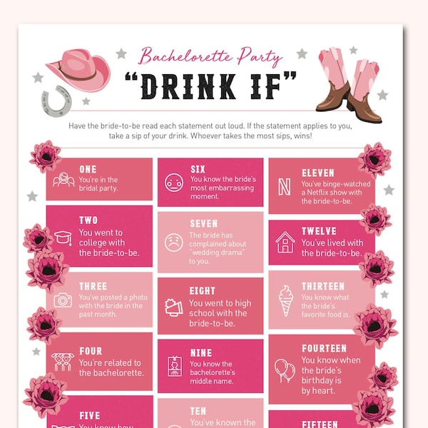 Nashville Bachelorette Party Game - Drink If | Printable PDF | Instant Download | Bridal Party Activities | Last Bash In Nash Decor Gifts