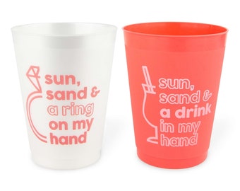 Beach Bachelorette Party Cups | 12 Pack, 16 oz | Reusable Frost Flex Drinkware | Sun & Sand Bridesmaids Bridal Party Gifts Favors Decor