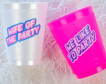 Wife Of The Party Bachelorette Party Cups | 12 Pack, 16 oz | Reusable Frost Flex Drinkware | 1990s Nineties Bridal Party Gifts Favors Decor