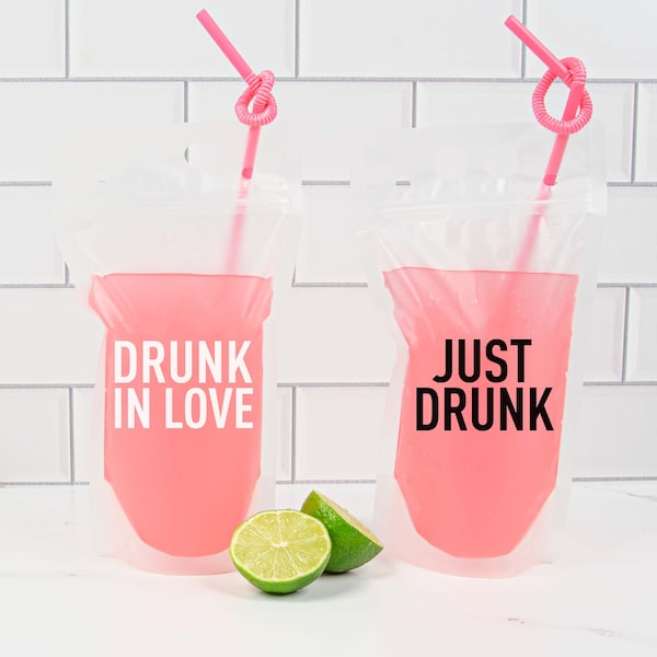 Drunk In Love Drink Pouches | Reusable Bridesmaid Booze Bags with Straw | Pool, Beach Bachelorette Party Favors, Bridal Shower Gifts