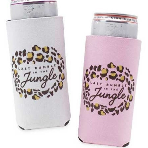 Last Rumble In The Jungle Slim-Fit Can Coolers | Bachelorette Party Drink Sleeves, Cozies, Coolies for Slim, Tall Cans | Animal-Print Favors