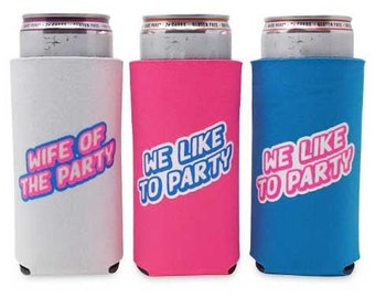 Wife Of The Party Slim-Fit Can Coolers | Bachelorette Party Drink Coozies for Tall Cans | Bridal Party Cozies, Drink Sleeves | 1990s Decor