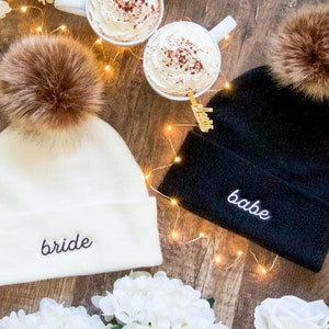 Bachelorette Bride's Babes Beanies | Fluffy Pom-Pom Embroidered Party Hats | Cozy Bridesmaids Favors | Ski, Winter Bachelorette Gifts