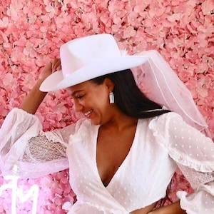 Cowboy Hat Veil for Bride | Country Western Bachelorette Party | Pink Black Cow Print Cowgirl Party Hat | Nashville Austin Bridesmaid Gifts