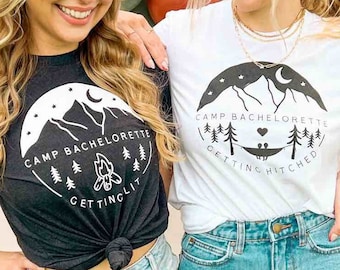 Camp Bachelorette Party T-Shirts | Camping Bridal Accessories | Getting Hitched Getting Lit Bridesmaids Decor | Rustic Outdoor Hiking Gifts